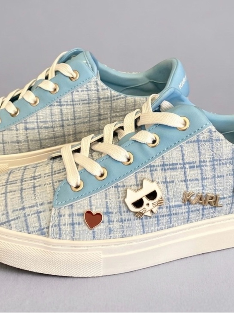 Karl Lagerfeld Paris Cate Pins Tweed Sneakers. Preppy Streetwear Whinsy Chic🩵😎